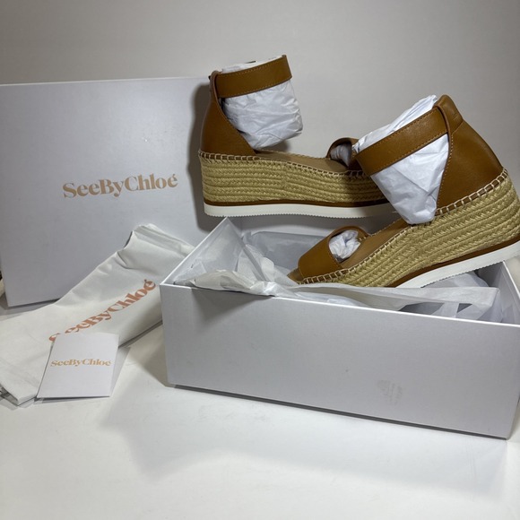 SEE BY CHLOÉ Glyn Calf Espadrille Platform‎ Sandals Tan Women's Sz 9 EU 39 - Picture 1 of 5